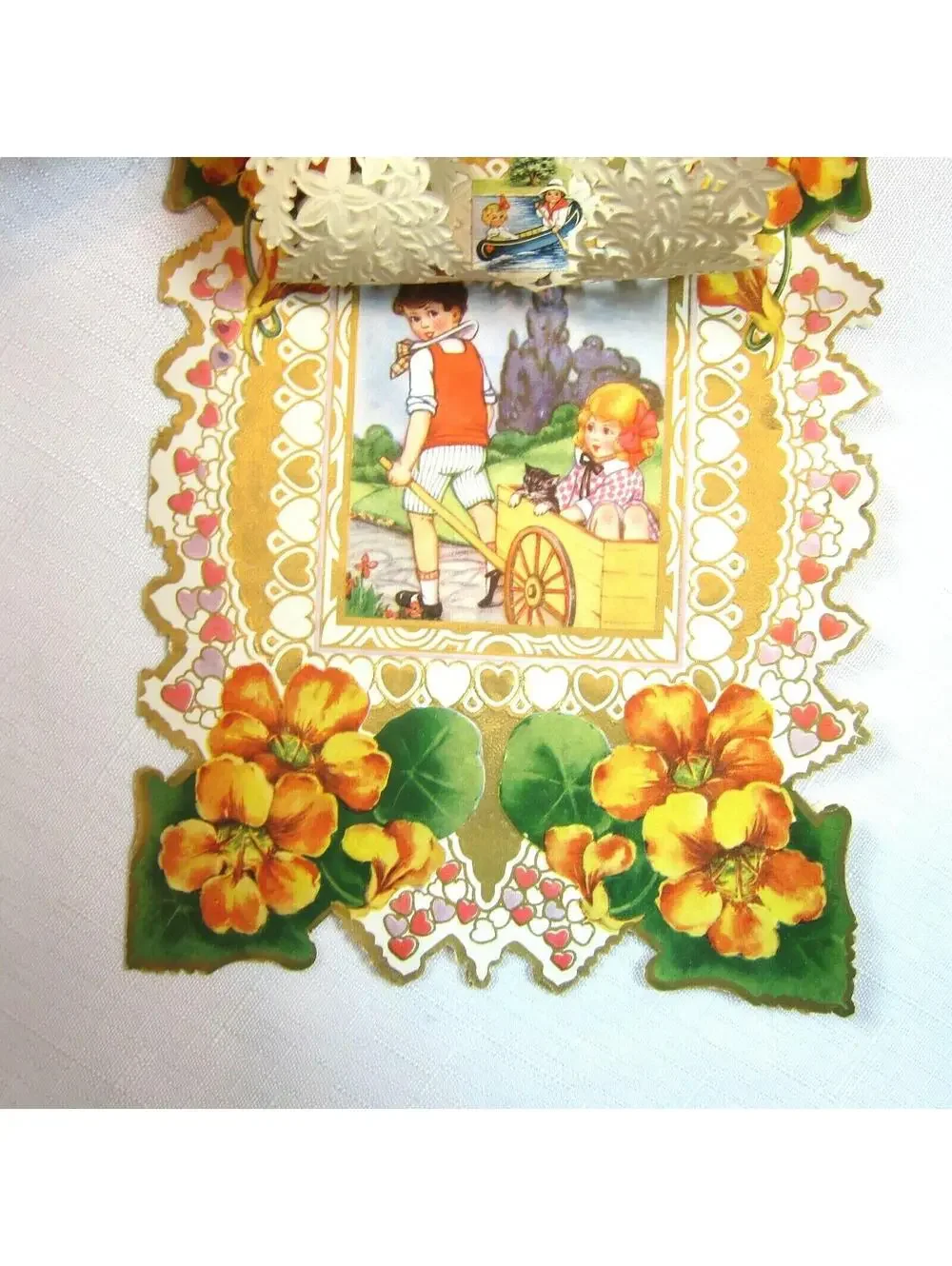 Vintage Valentine 1920s Die Cut Paper Lace XL Boy Wheelbarrow Girl & Cat Fishing